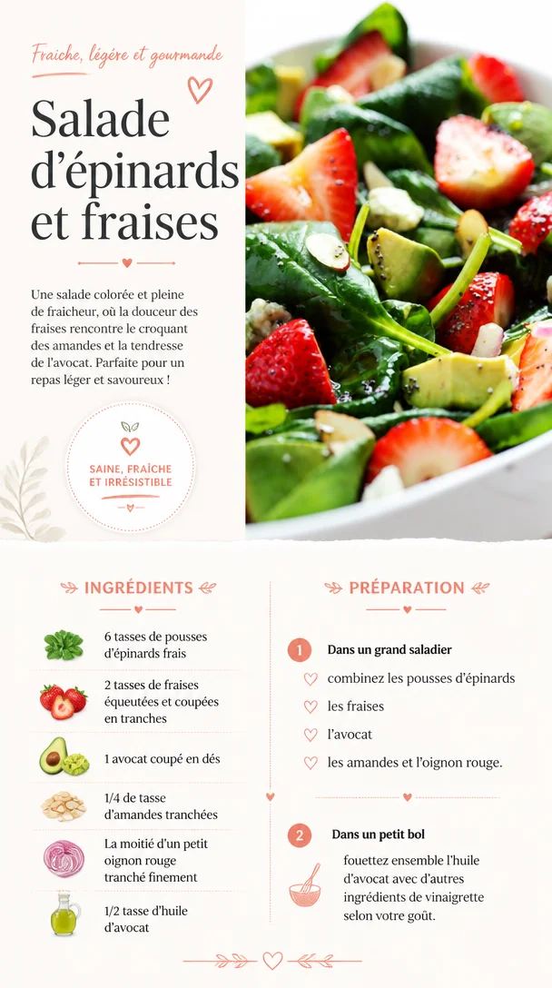 Salade d'épinards et fraises avec vinaigrette légère.