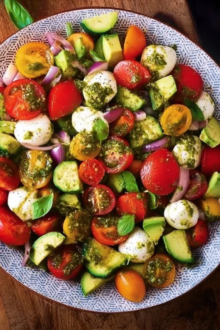 Salade d'été avec tomates, concombres, avocat, mozzarella et pesto de basilic.