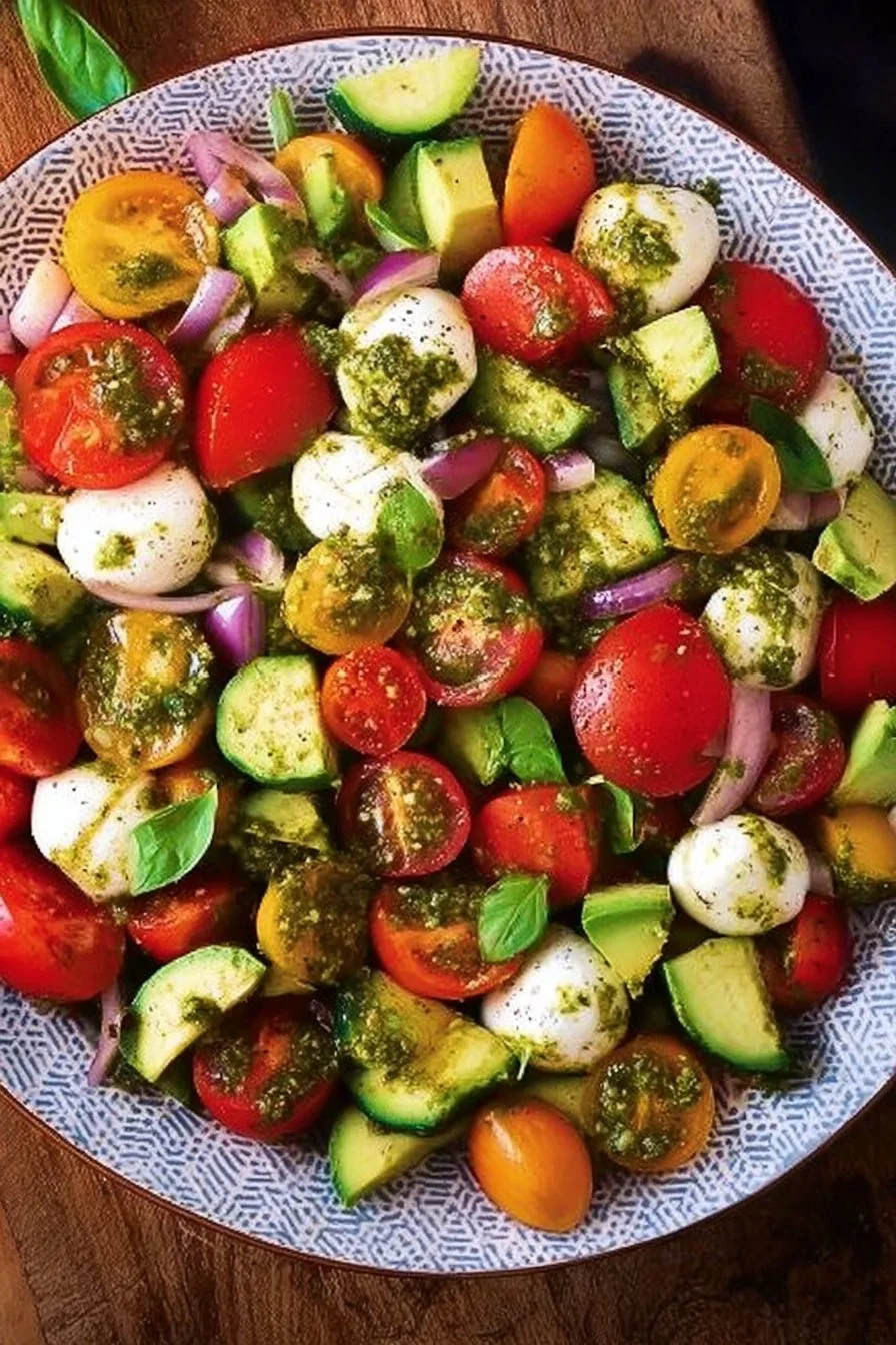 Salade d'&eacute;t&eacute; - Salade de tomates et concombres avec avocat, mozzarella et pesto de basilic