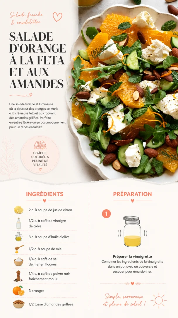 Salade d'orange avec feta et amandes, plat coloré et savoureux