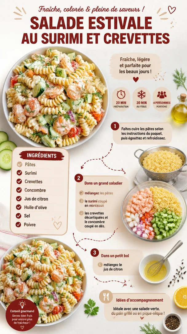 Salade estivale au surimi et crevettes, frais et coloré, plat d'été savoureux.