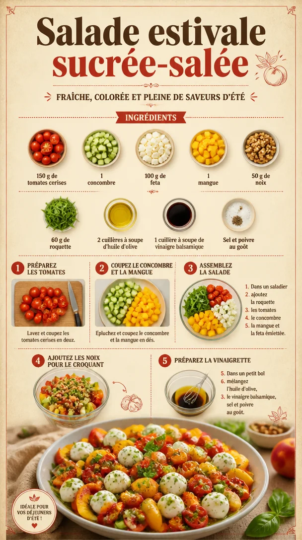 Salade estivale sucrée-salée avec fruits et légumes colorés