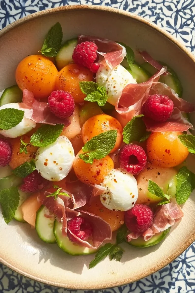 Salade fraîcheur au melon et framboises présentée dans un bol coloré