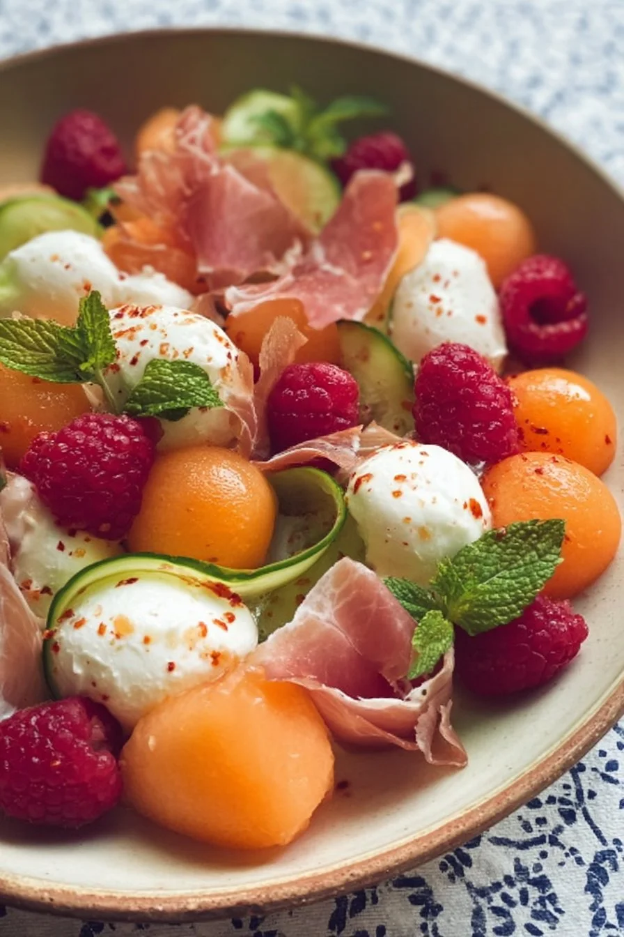 Salade fra&icirc;cheur au melon, framboises, concombre, jambon cru et mozzarella 🌿
