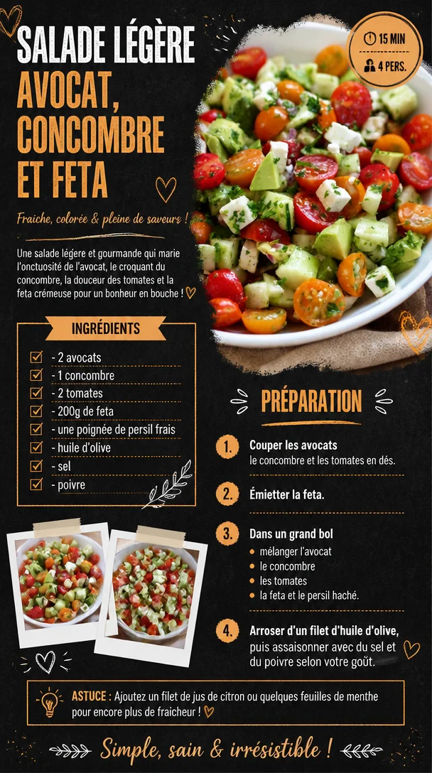 Recette de salade légère avocat concombre feta présentée dans un bol
