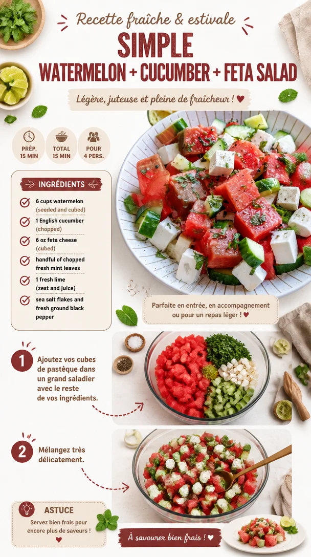 Salade de pastèque, concombre et feta dans un bol coloré, idéale pour l'été.