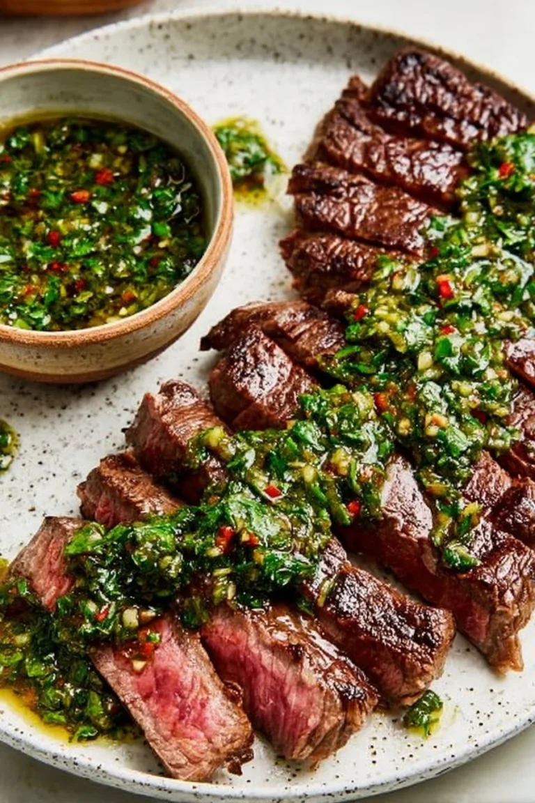 Plat de Steak au Chimichurri garni de sauce verte fraîche et d'herbes