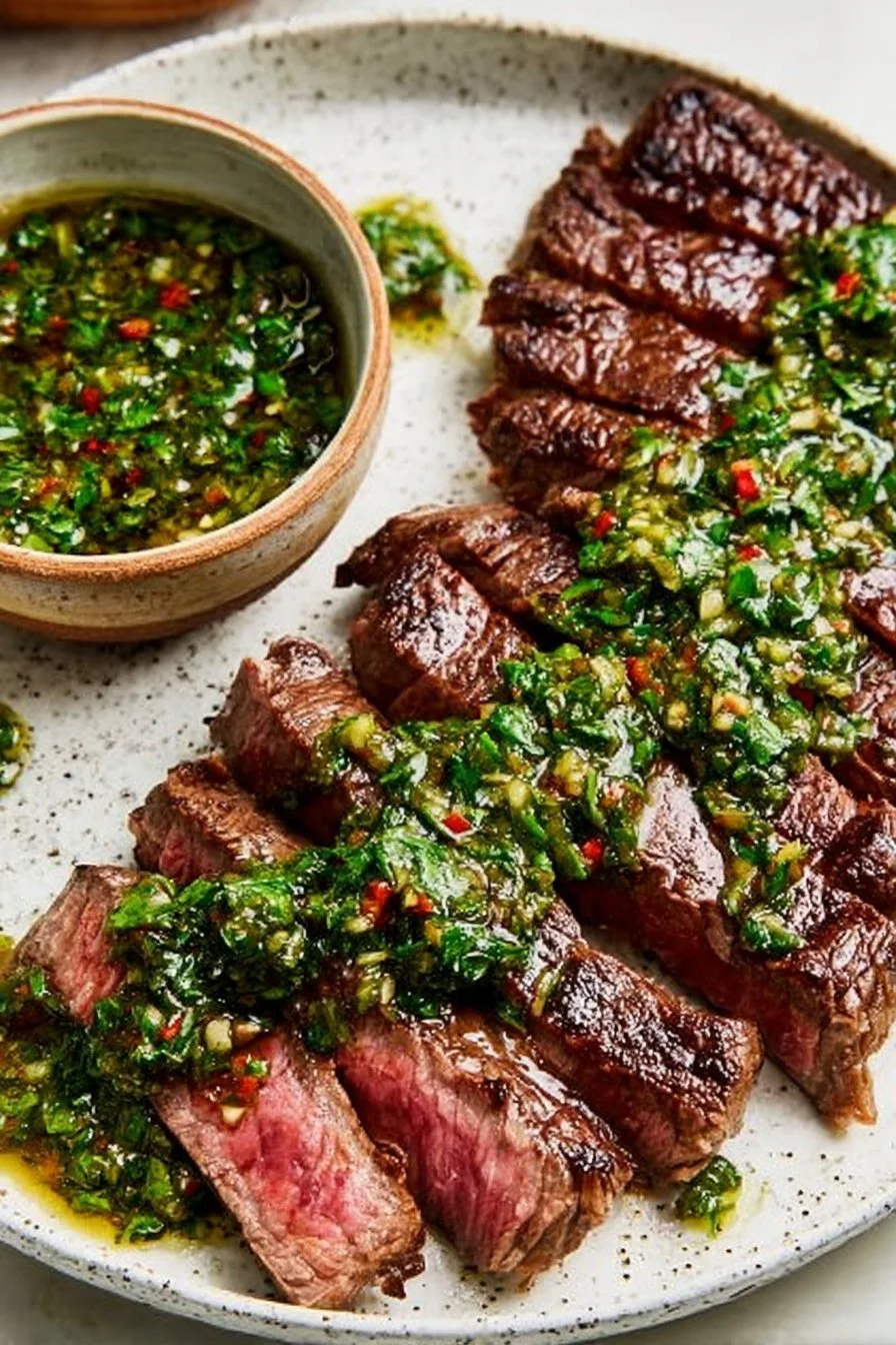 Plat de Steak au Chimichurri garni de sauce verte fraîche et d'herbes