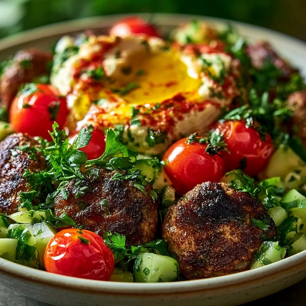 Assiette libanaise de kefta et houmous, un plat irrésistible et savoureux.