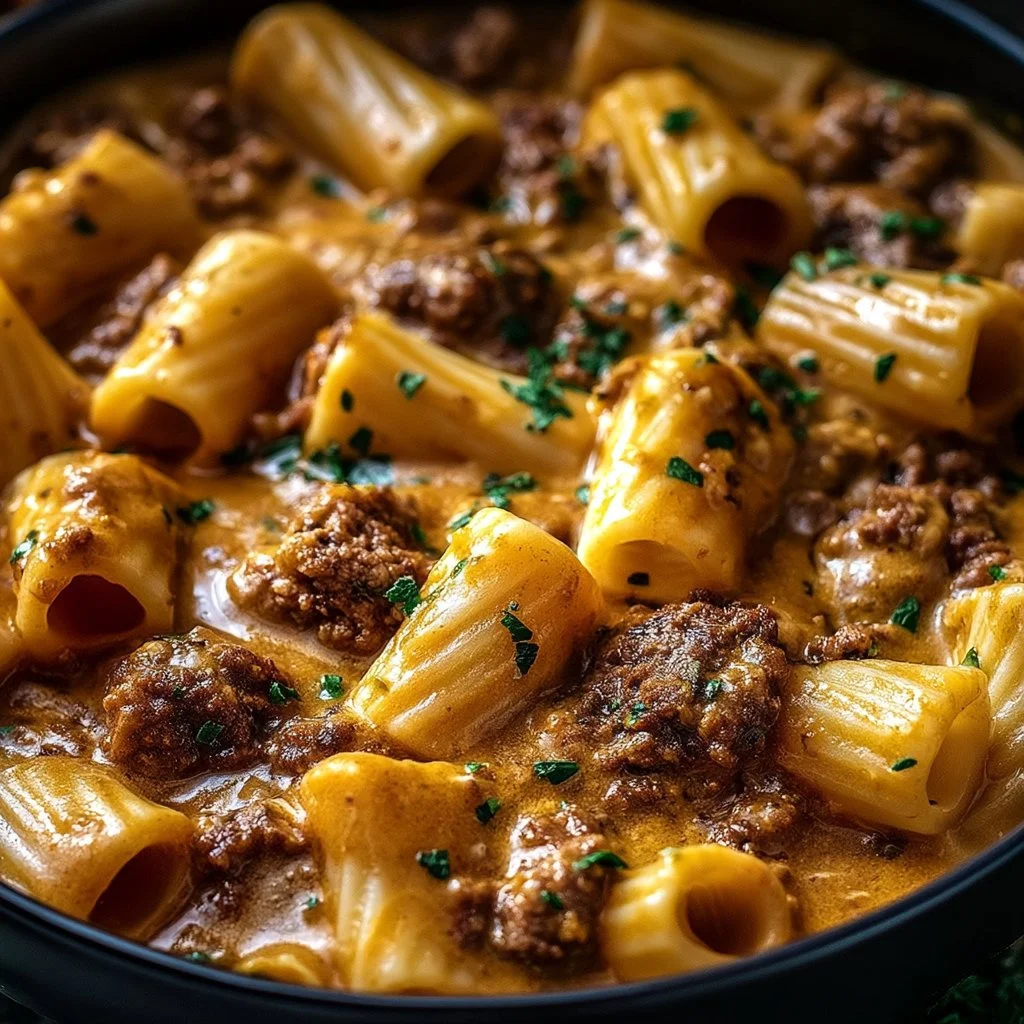 Boeuf aux pâtes dans une sauce crémeuse à l'ail