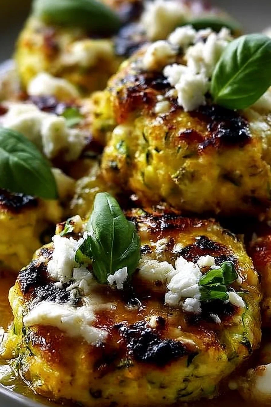 Boulettes de courgettes et feta servies sur une assiette healthy et colorée.