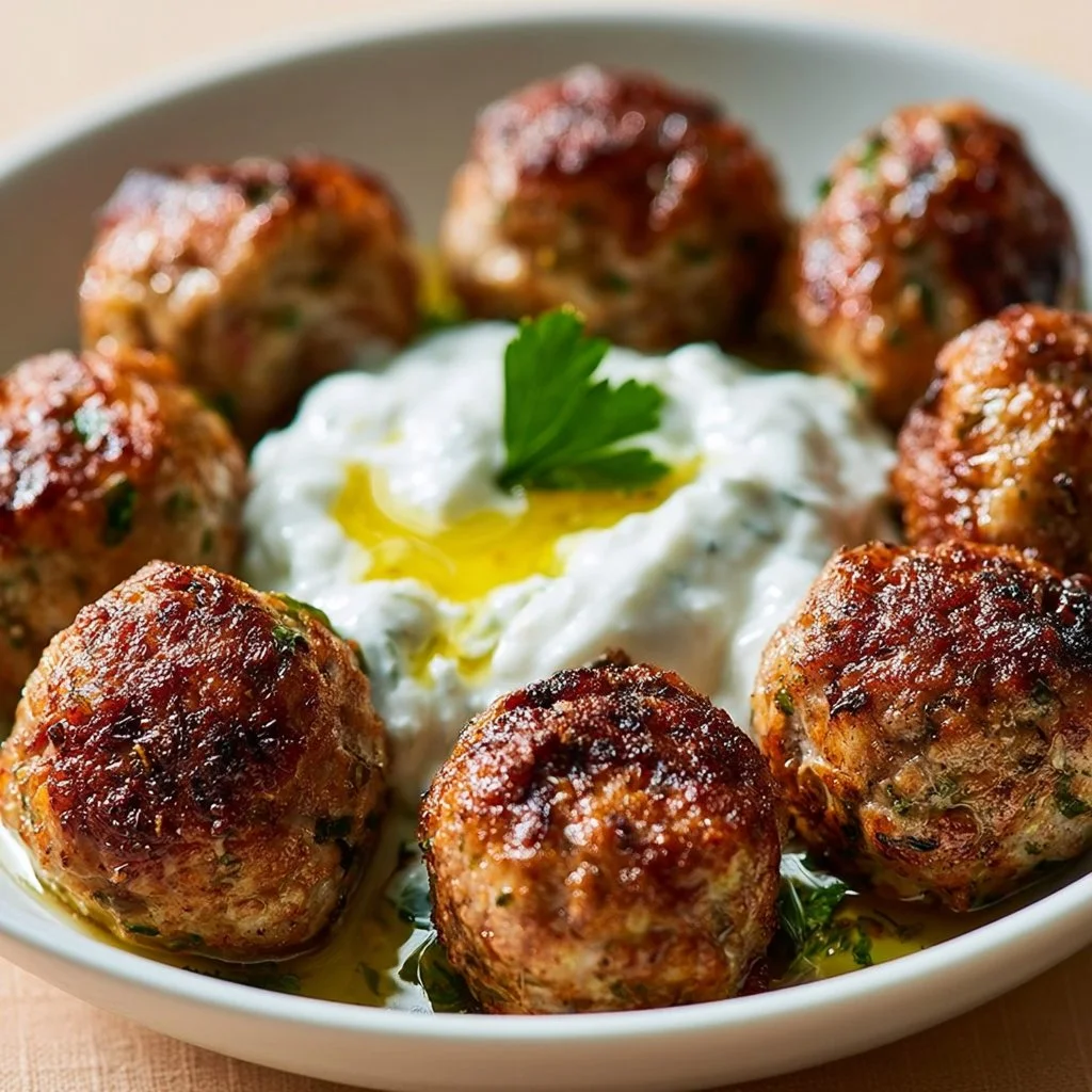 Boulettes Grecques au Tzatziki servies avec des herbes fraîches