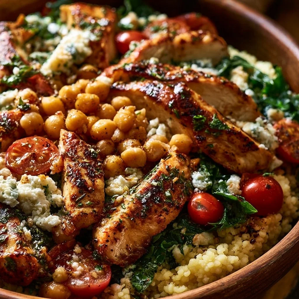 Bowl of chicken with herbs and lemon with chickpeas and feta