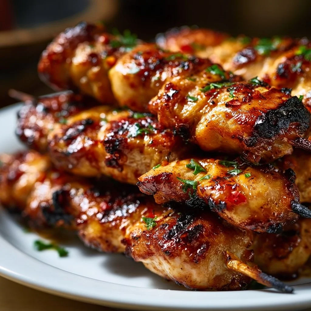 Brochettes de poulet thaï coco grillées, servies avec une sauce au choix.