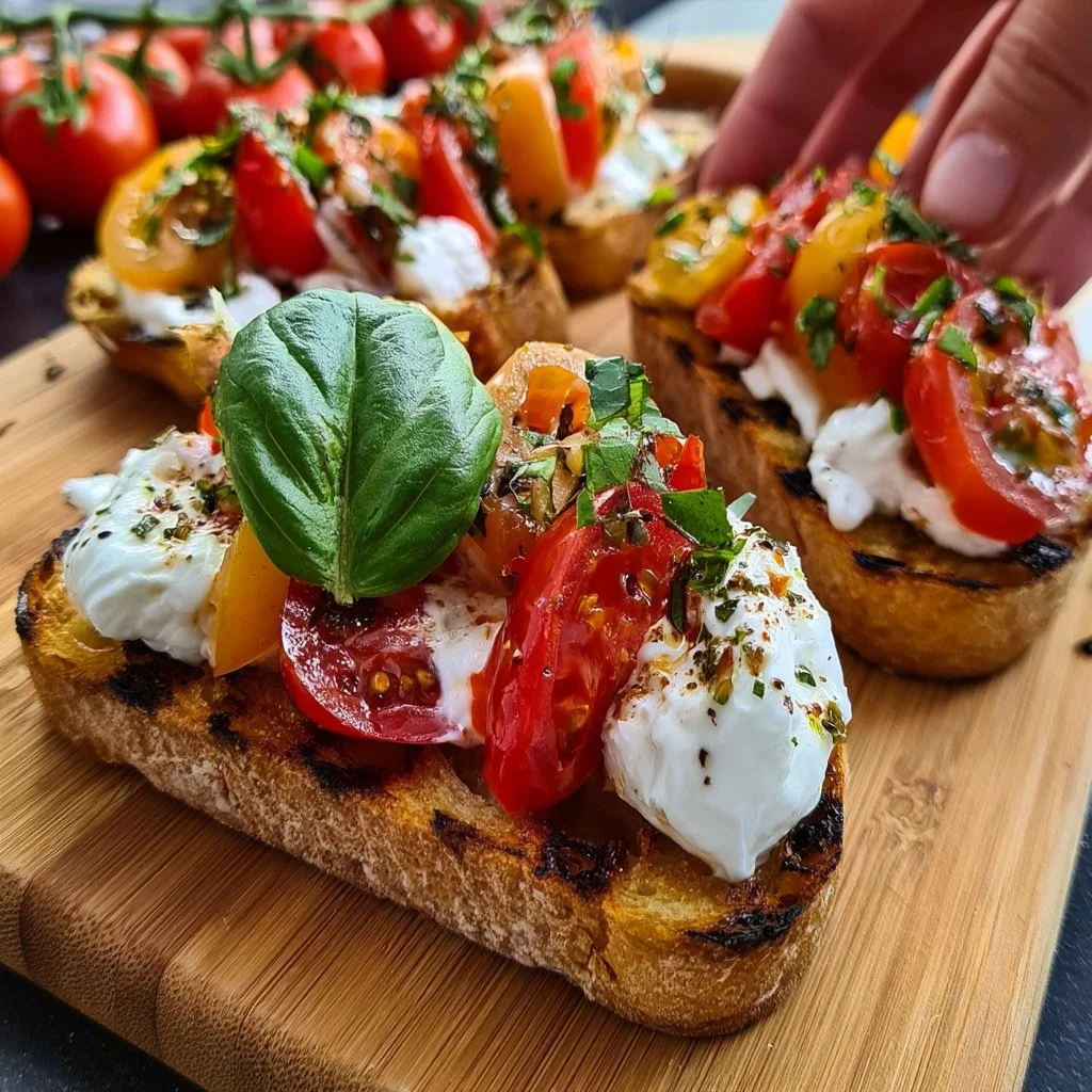 Bruschetta à la burrata avec tomates fraîches et basilic