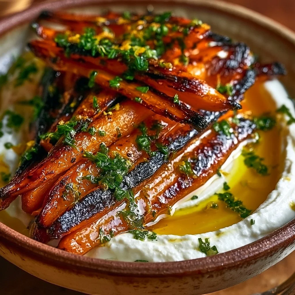 Carottes rôties avec ricotta fouettée et miel chaud