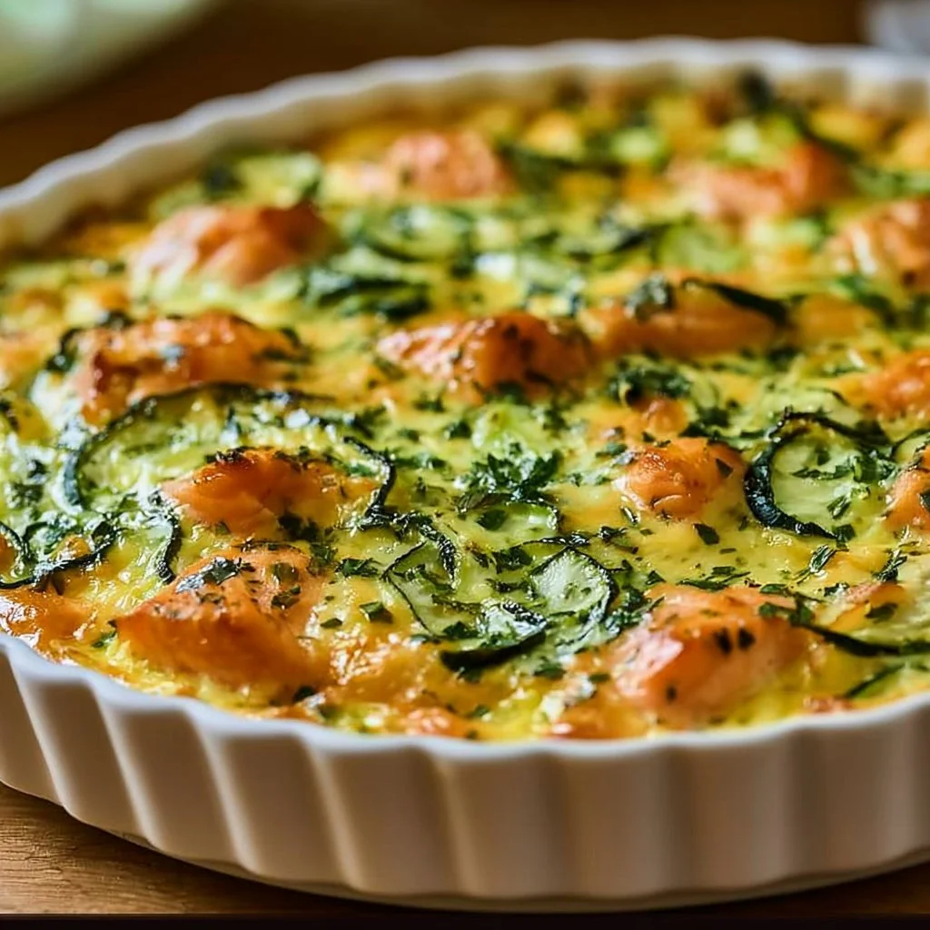 Clafoutis Saumon et Courgettes servi dans un plat, prêt à déguster.