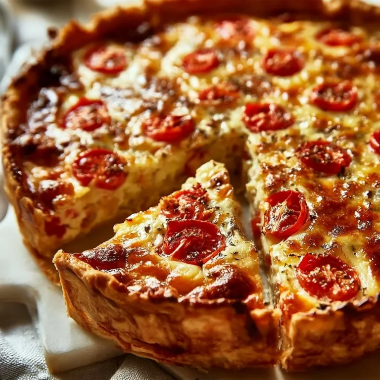 Quiche facile avec tomates cerises, thon et mozzarella, prête à être dégustée.
