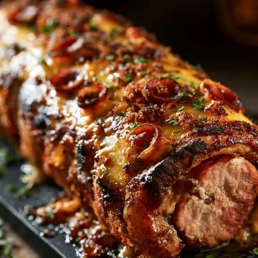 Filet mignon farci au chorizo et comté prêt à être servi avec garnitures