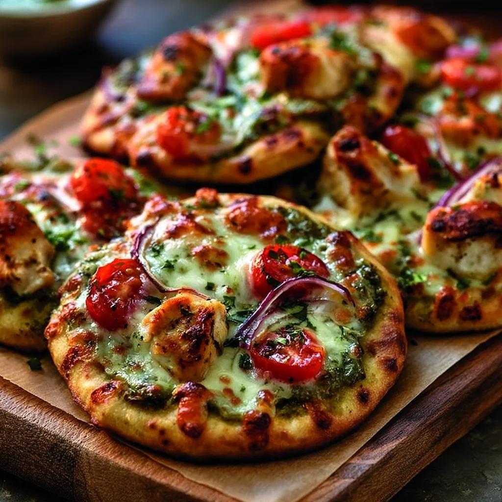 Flatbread au poulet pesto frais et appétissant