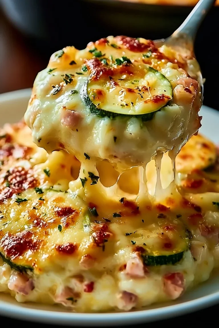 Gratin de courgettes avec jambon et riz crémeux, un plat réconfortant.