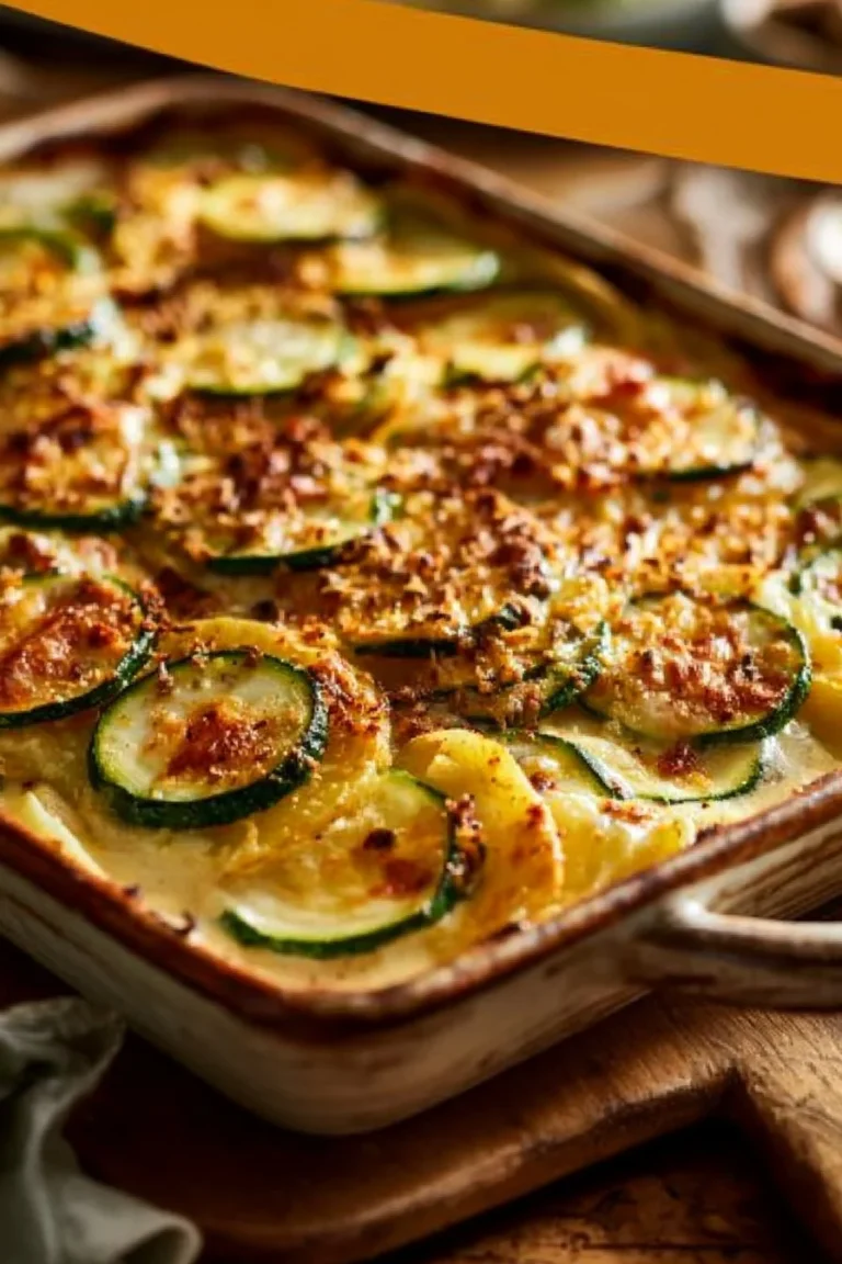 Gratin de courgettes et pommes de terre cuit au four, plat savoureux et réconfortant.