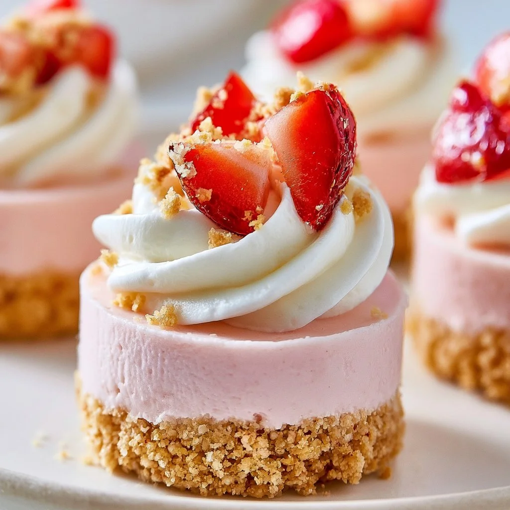Mini cheesecakes aux fraises sans cuisson sur un plat de dessert