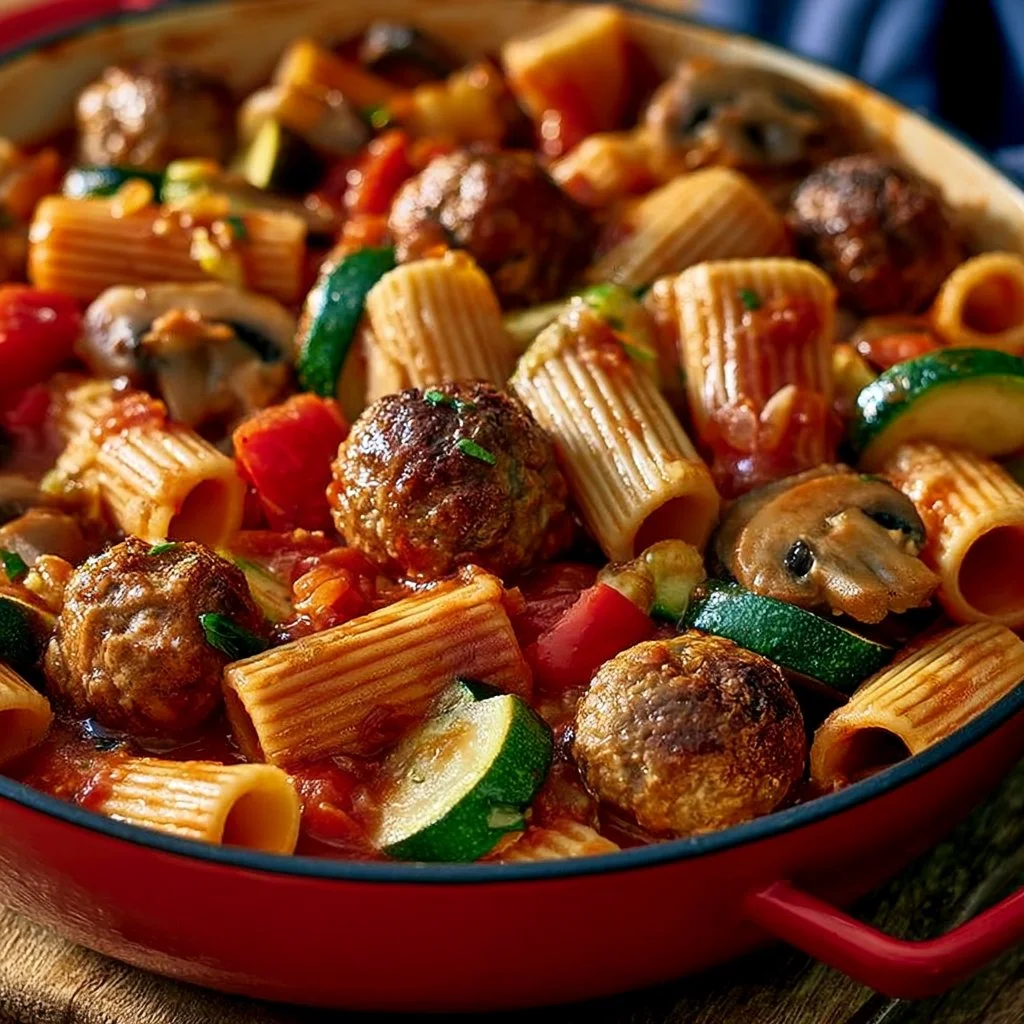 Pasta with Juicy Meatballs and Vegetables in Tomato Sauce