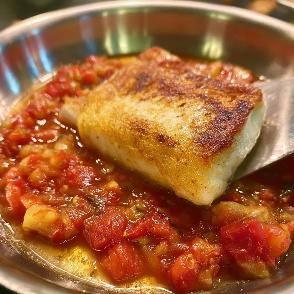 Poisson épicé à l'ail, tomate, oignon et herbes