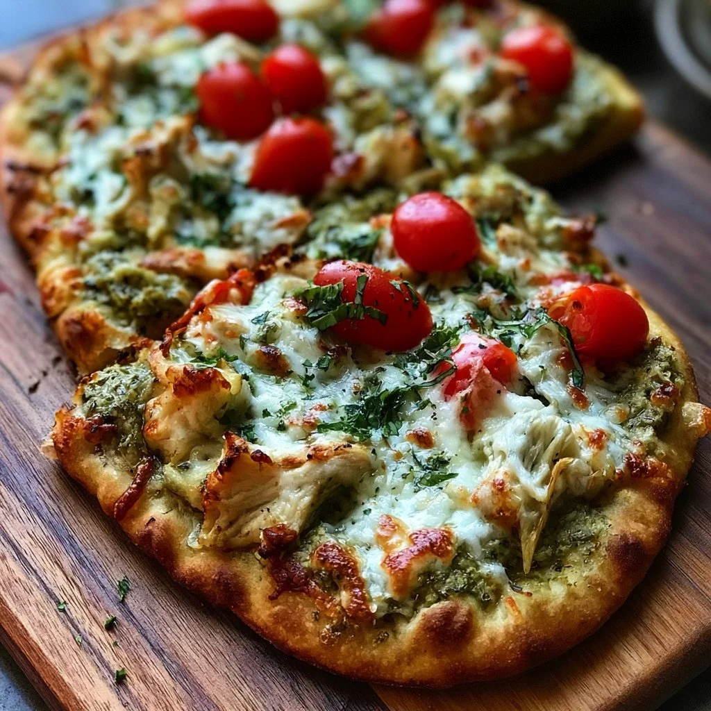 Poulet au Pesto sur Pain Plat avec Mozzarella – Dîner ou Apéritif Facile en 20 Minutes Chargé de Saveurs. Essayez-le et épinglez-le pour plus tard !