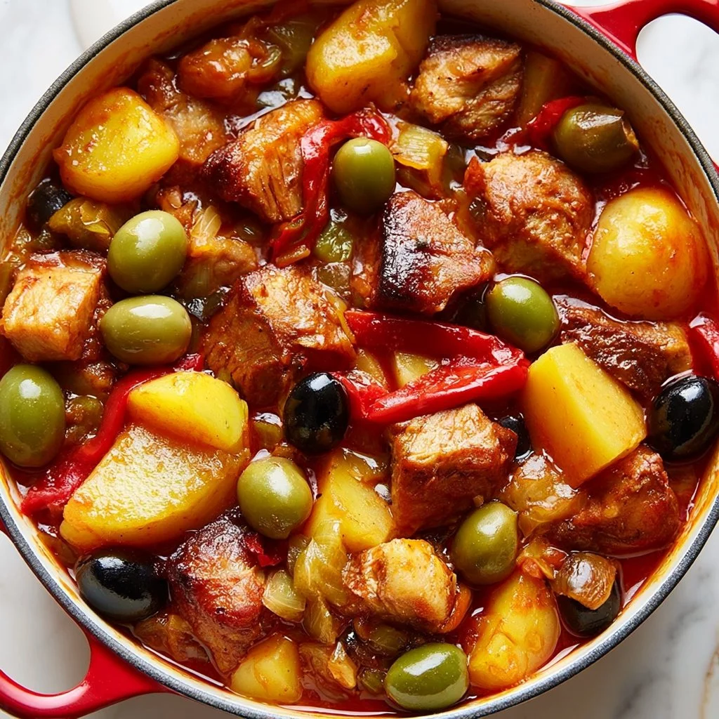 Plat de poulet aux poivrons et pommes de terre en sauce tomate prêt à servir