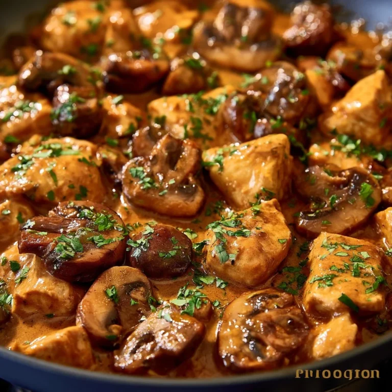 Poulet Stroganoff aux Champignons dans une assiette garnie de persil frais