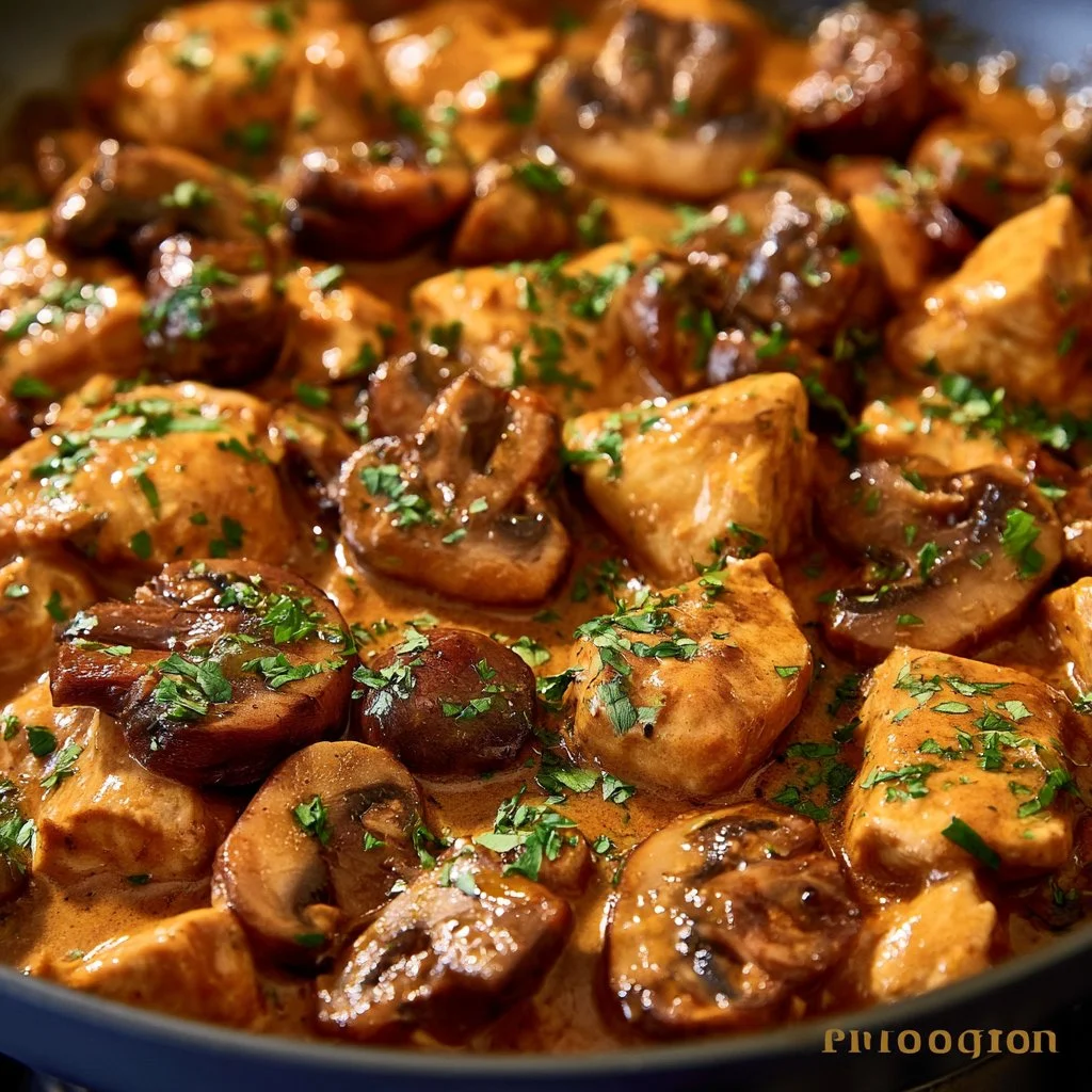 Poulet Stroganoff aux Champignons dans une assiette garnie de persil frais