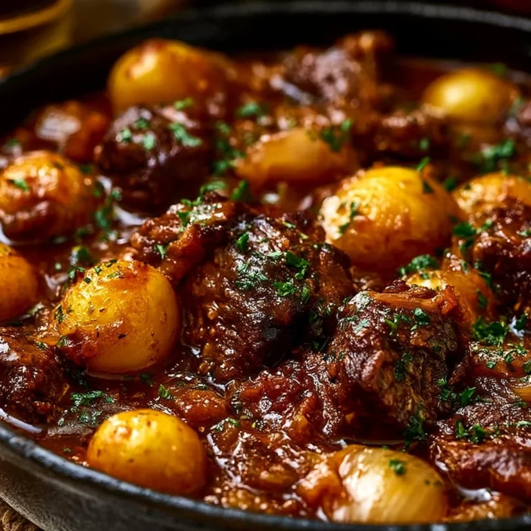 Ragoût de bœuf aux légumes d'hiver dans un plat, prêt à servir.