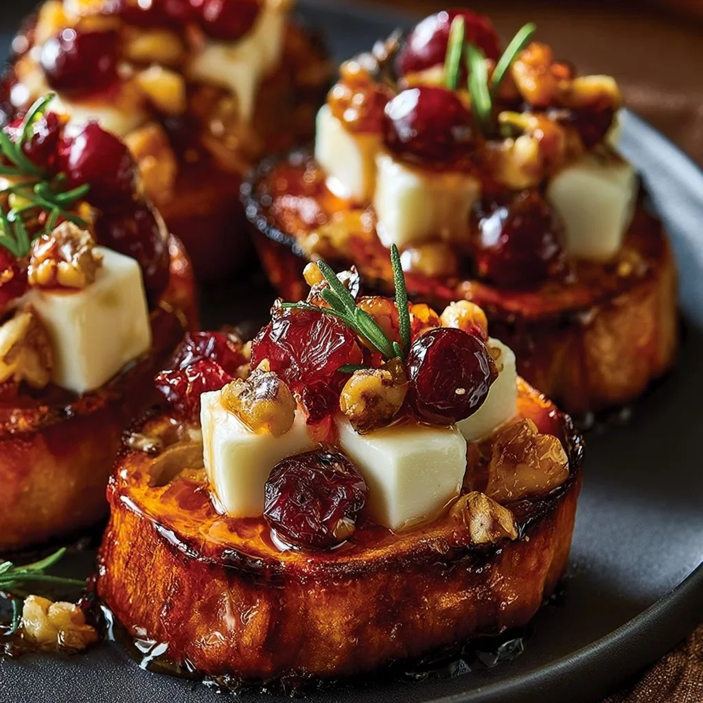 Ronds de patate douce avec brie, canneberges et noix grillées, arrosés de miel chaud