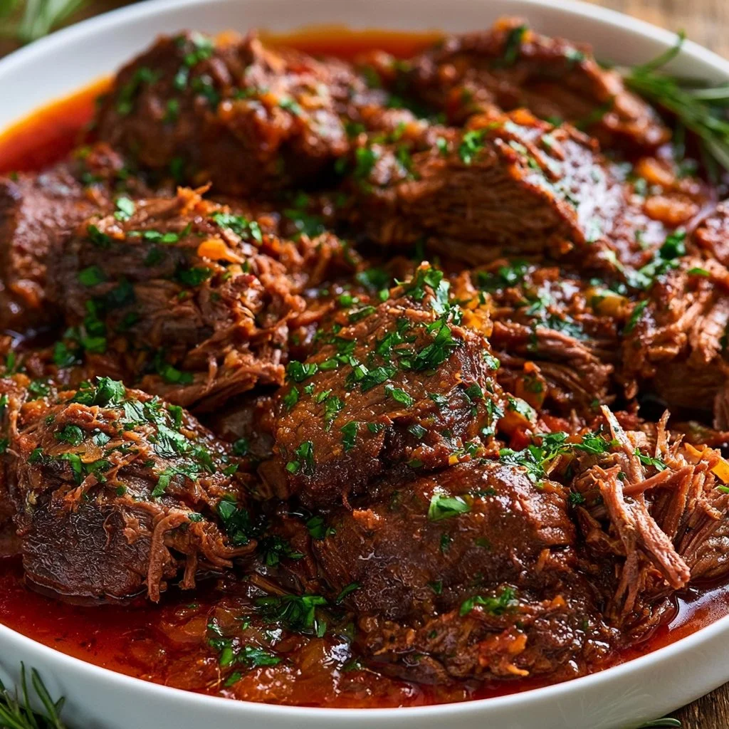 Rôti de bœuf italien à la tomate servi avec des herbes et des légumes.