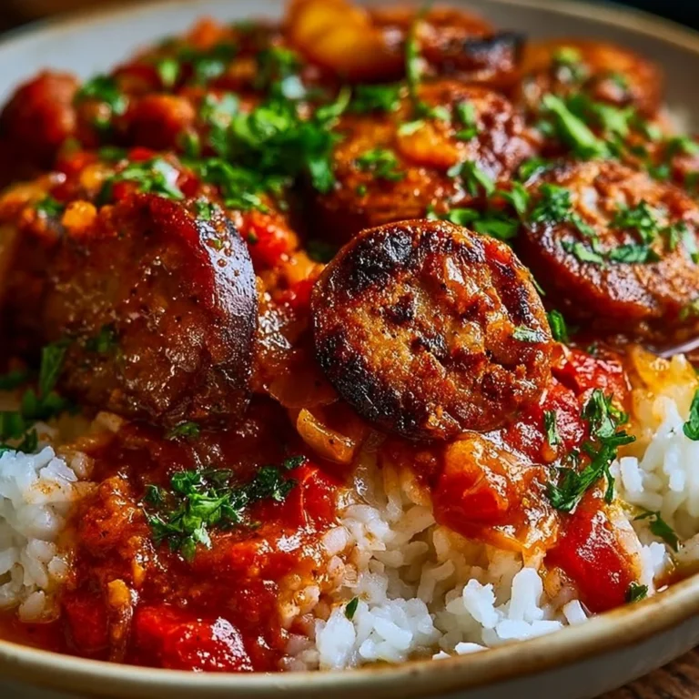 Plat de Rougail Saucisse Réunionnais avec saucisses, tomates et épices.
