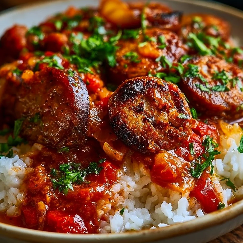 Plat de Rougail Saucisse Réunionnais avec saucisses, tomates et épices.