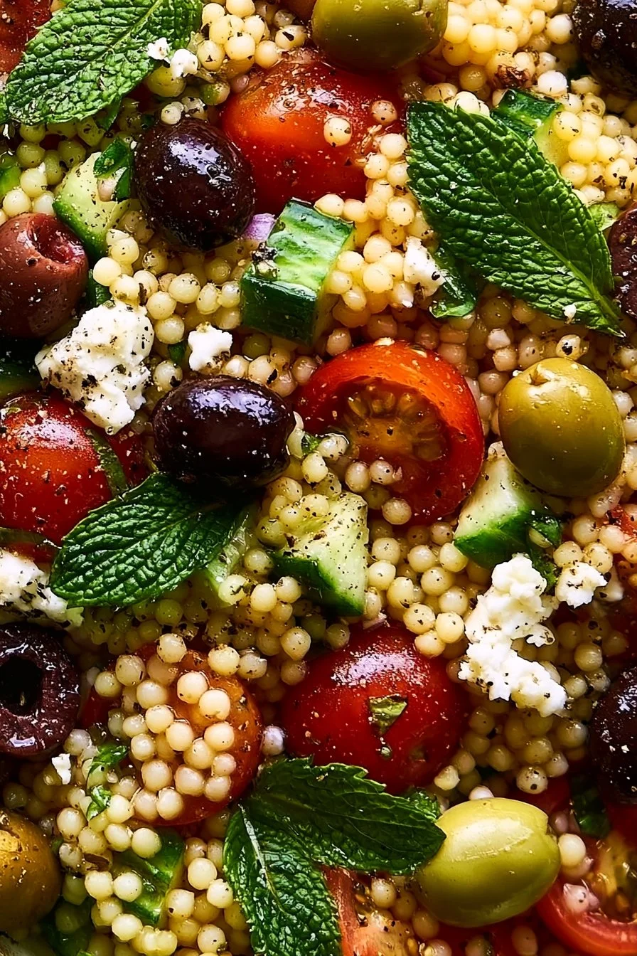 Salade de couscous perlé avec fêta et olives Kalamata garnie d'herbes fraîches