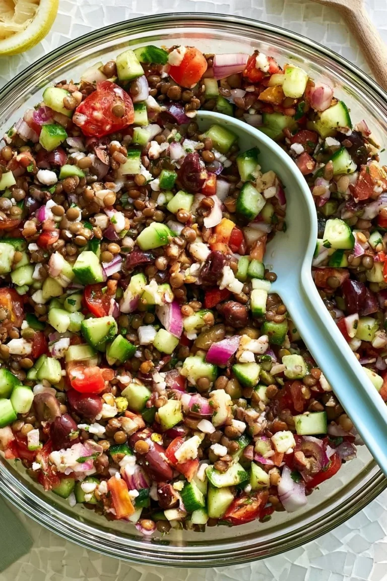 Salade de lentilles façon grecque avec légumes frais et herbes