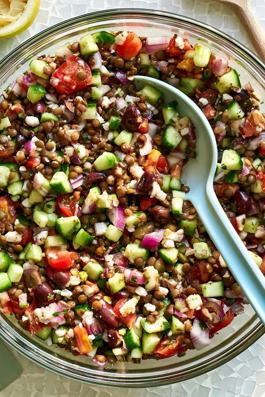 Salade de lentilles façon grecque avec légumes frais et herbes