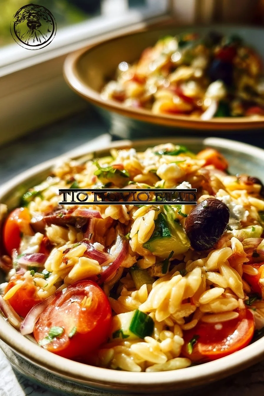 Salade d'Orzo Grecque garnie de légumes frais et herbes aromatiques