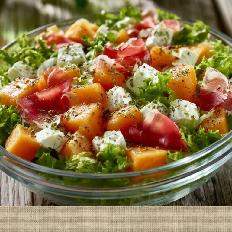 Salade fraîche au melon, feta et jambon cru sur une assiette colorée