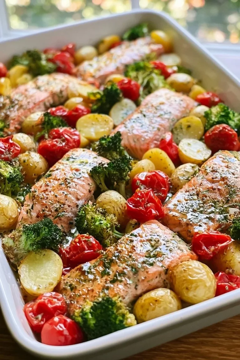 Saumon au four avec des légumes frais et colorés, prêt à être servi.