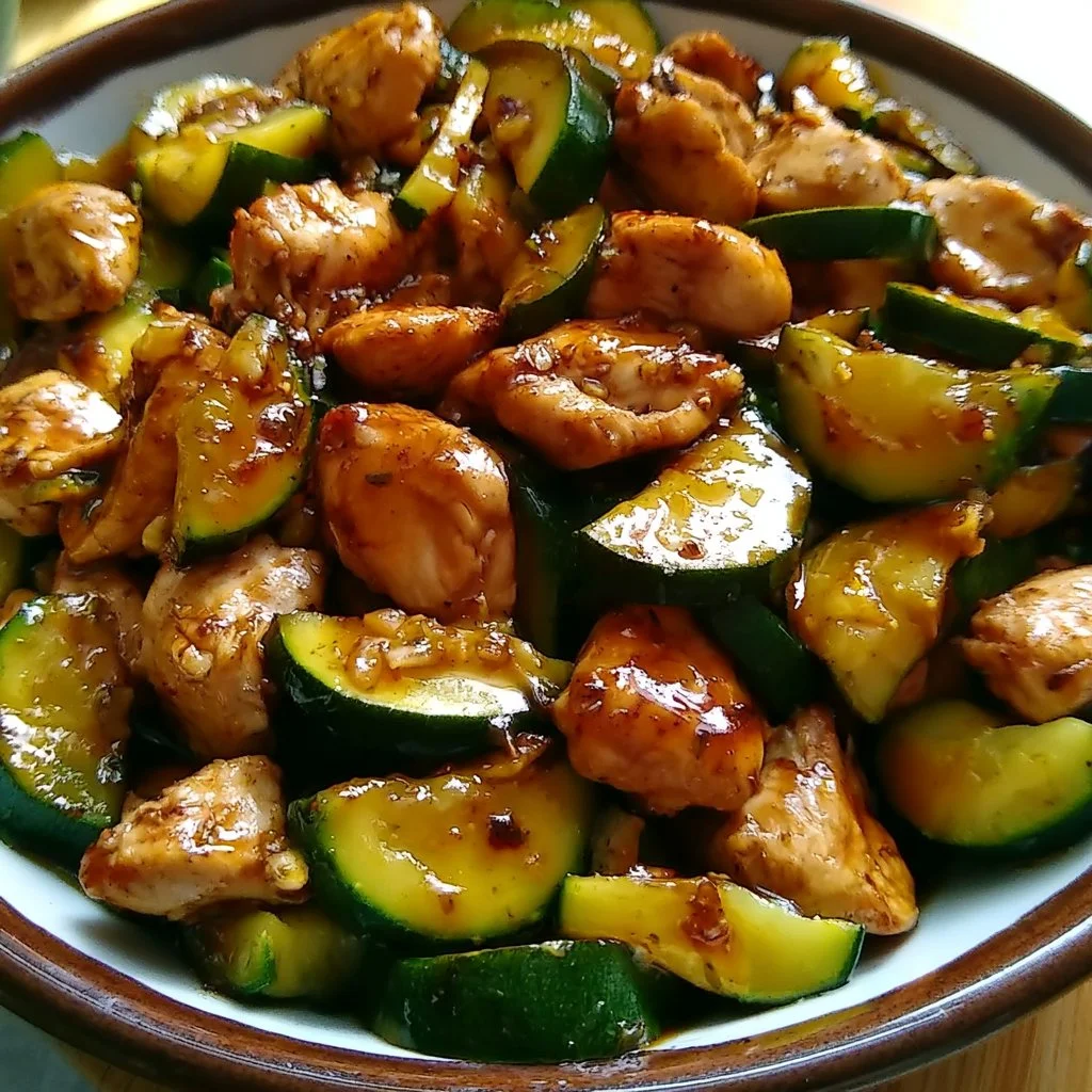 Sauté de poulet et courgette à la sauce soja, plat délicieux et coloré.