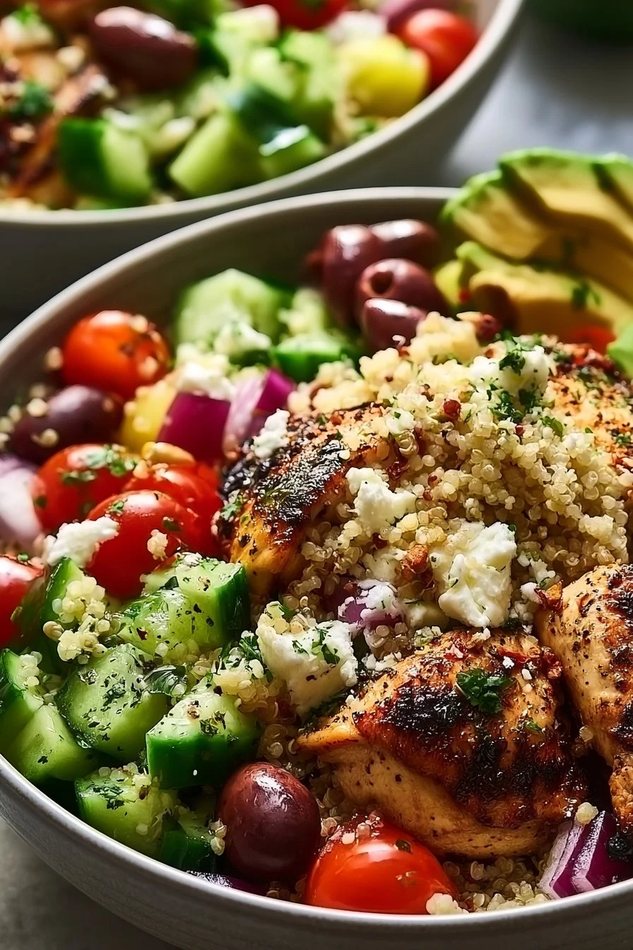 Bol de quinoa au poulet grec savoureux et sain