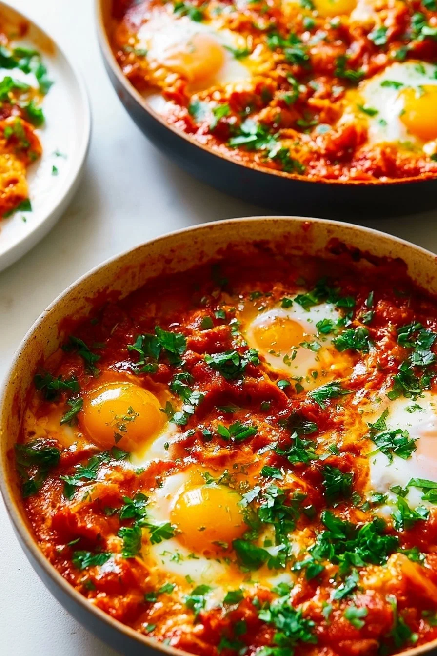 Shakshuka servie dans une poêle avec œufs et tomates épicées