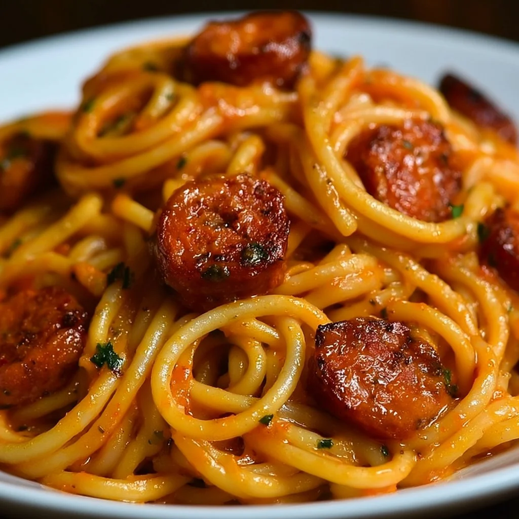 Spaghetti à la Crème de Poivron, Chorizo et Crevettes