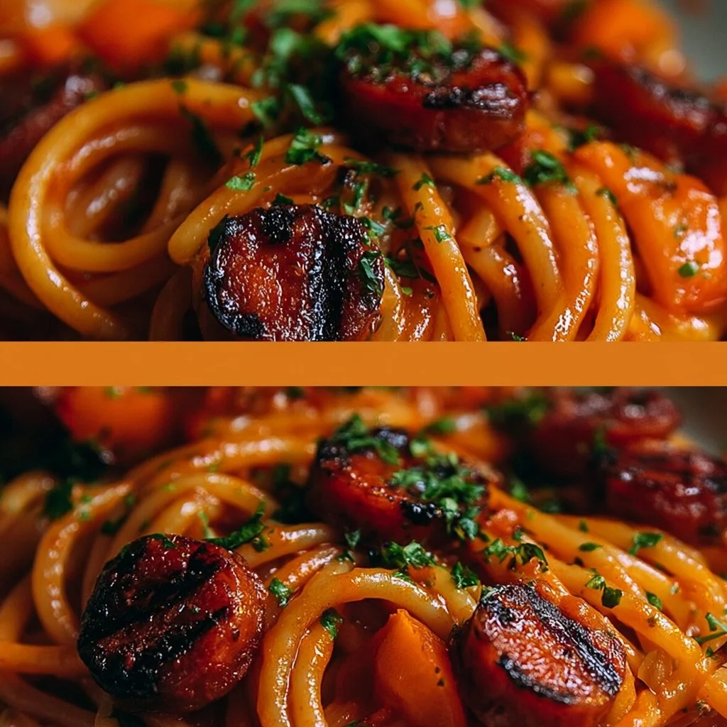 Spaghetti avec chorizo grillé et poivrons colorés dans une assiette.