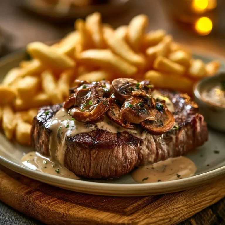Steak avec sauce aux champignons et frites croustillantes